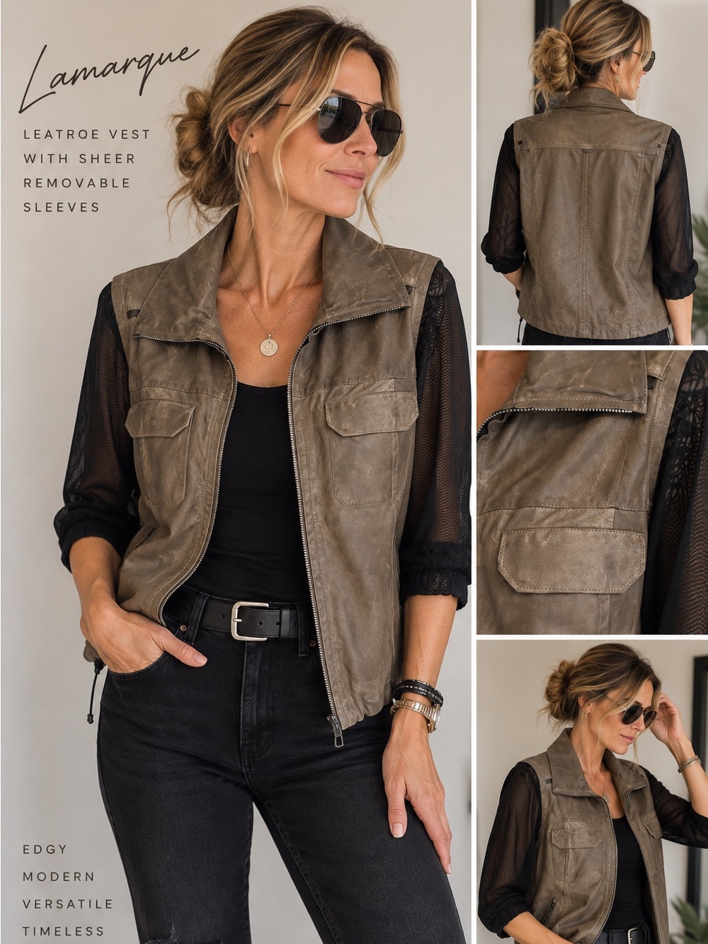 Lamarque Grey Leather Zip-Front Vest Sheer removable Sleeves M